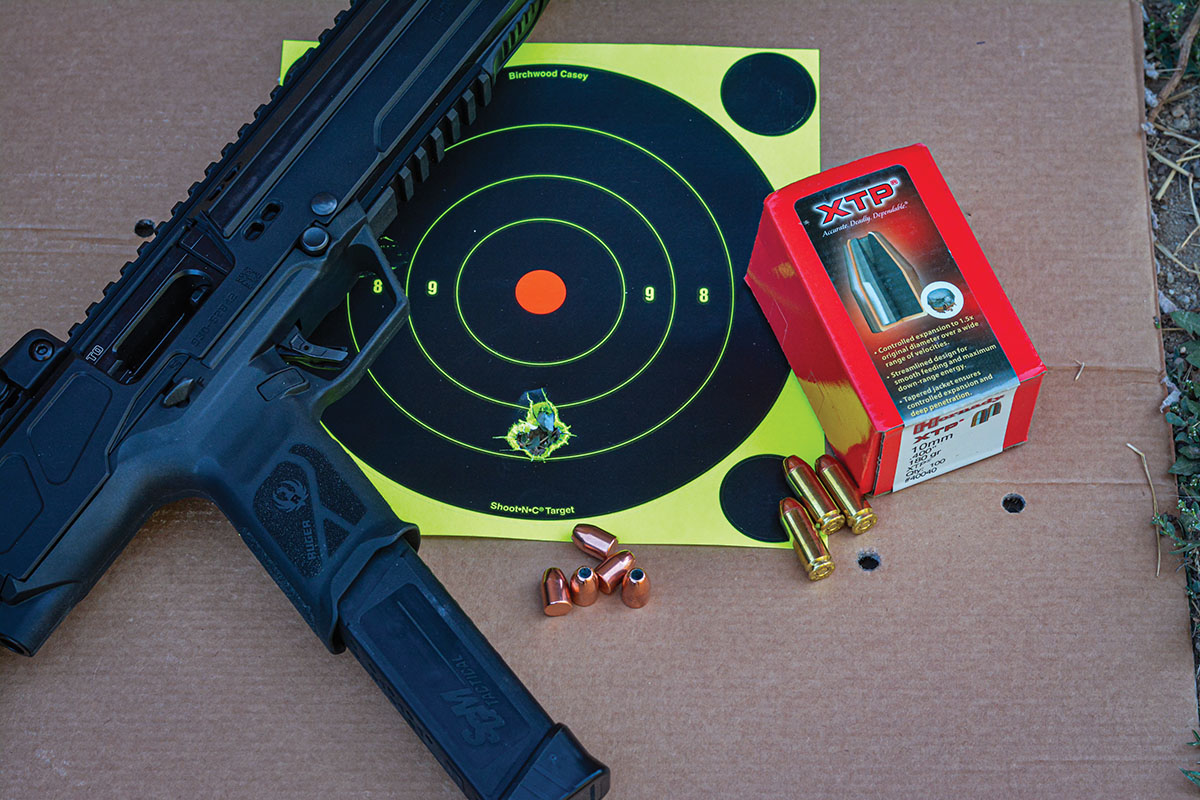 Brian obtained good accuracy with the LC Carbine at 50-yards using handloads containing the 180-grain Hornady XTP bullets.